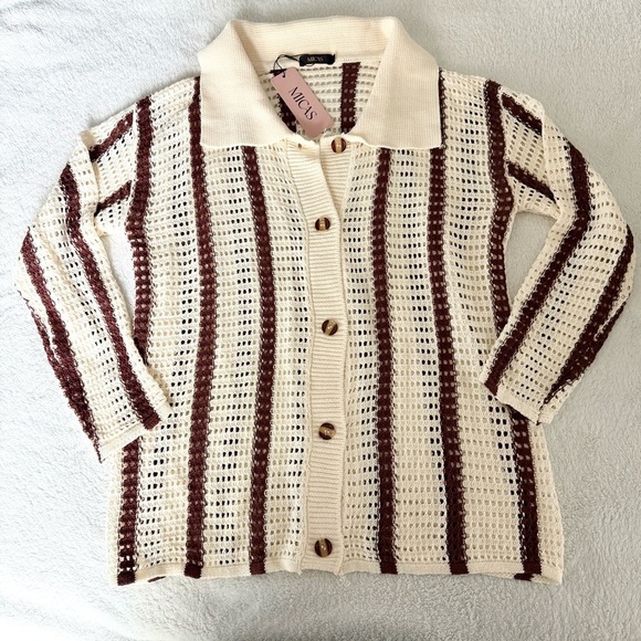 Women’s Knitted Cardigan Long Sleeve Button Up Crochet Striped Cardigan Sweater - Picture 2 of 10